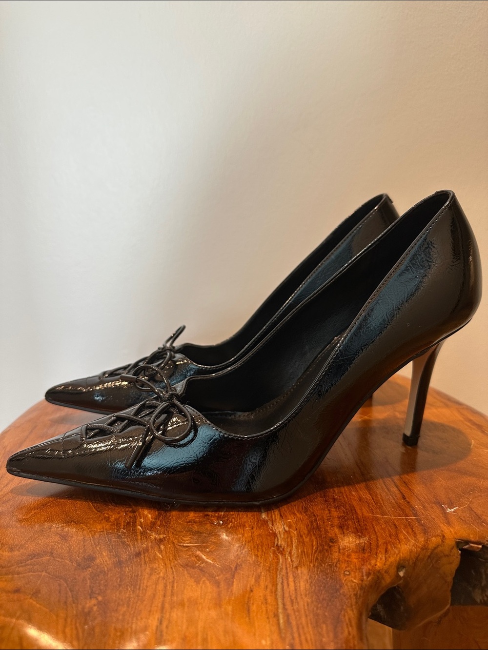 Patent Black Pointed-Toe Stiletto Heels with Knot Detail